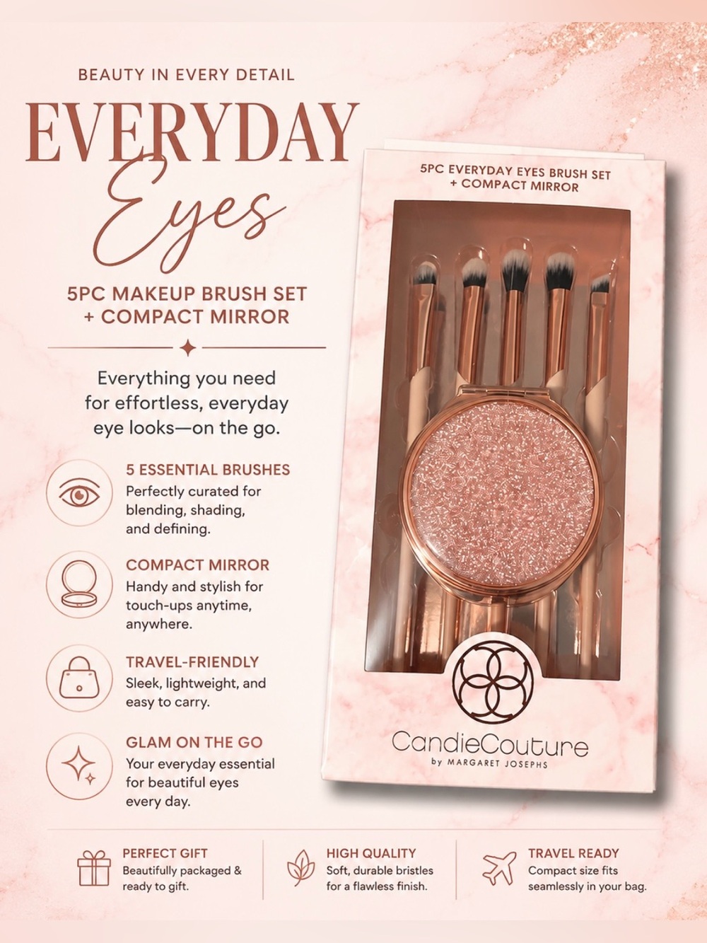 NIB Eyes Brush Set w/Compact Mirror- Rose-gold